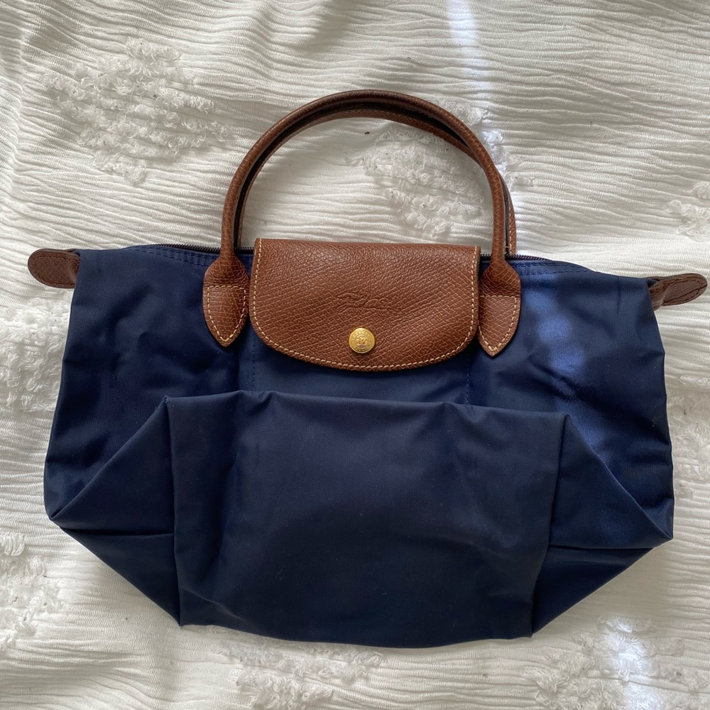 Small Longchamp Le Pliage Bag - Navy + Leather